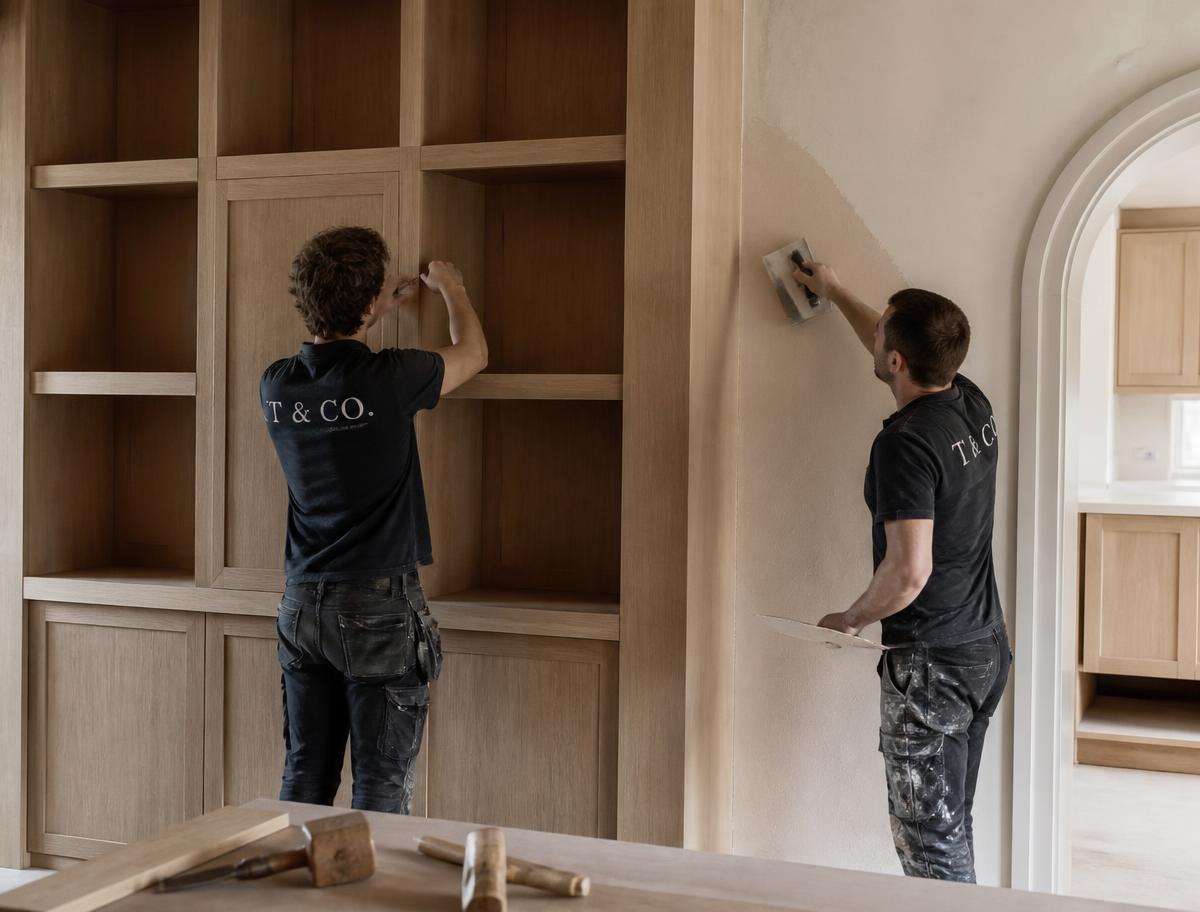 Craftsmen installing bespoke oak joinery and hand-applied plaster in a luxury interior
