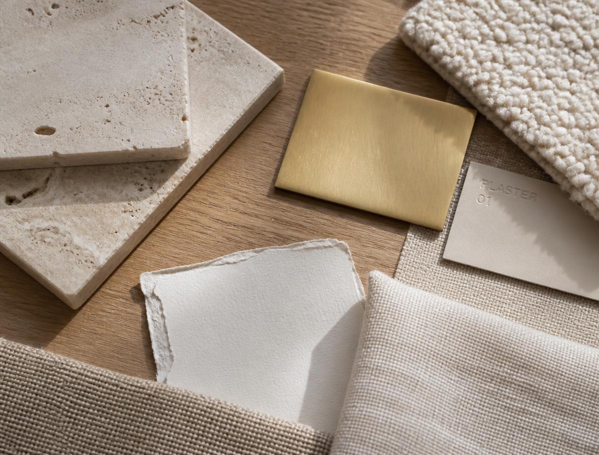 Flat lay of interior material samples: travertine, oak, plaster, linen, bouclé and brushed brass