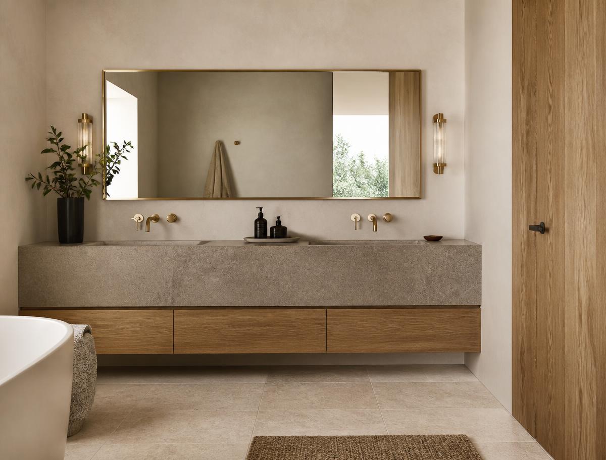 Luxury bathroom with honed stone vanity, oak cabinetry and brass tapware