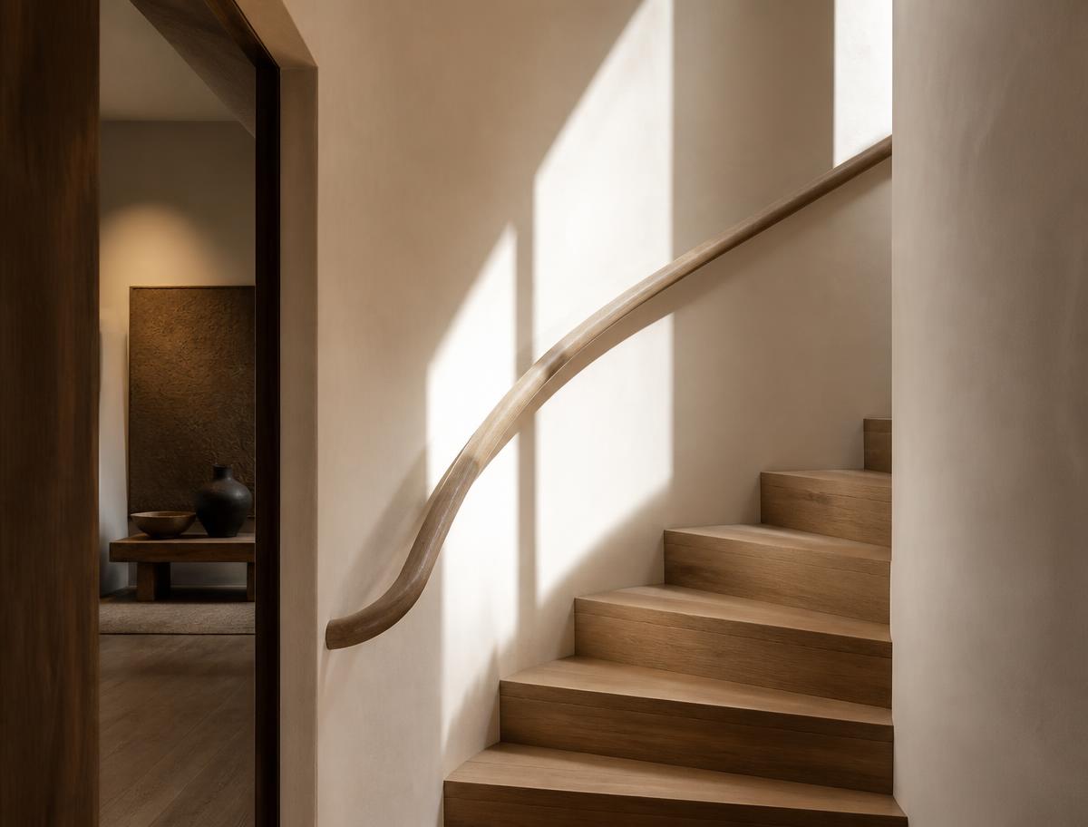 Curved plaster stair with oak treads and a hand-shaped timber handrail