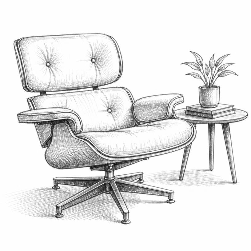 Hand-drawn sketch of a bespoke lounge chair with joinery and material notes
