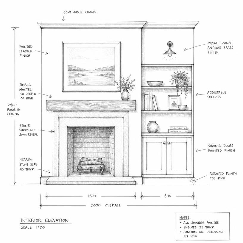 Hand-drawn interior elevation sketch of a fireplace wall with joinery and dimensions