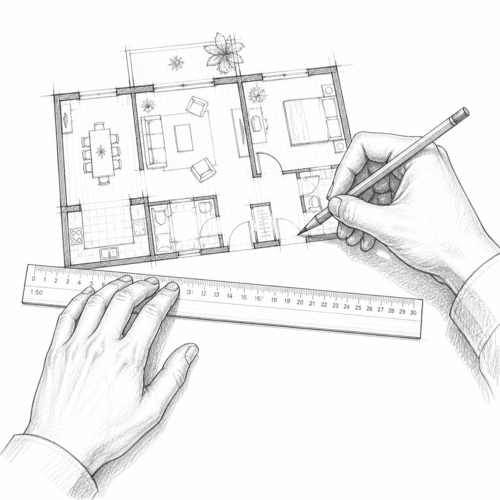 Pencil sketch of a designer's hands drafting an interior floor plan with a scale ruler