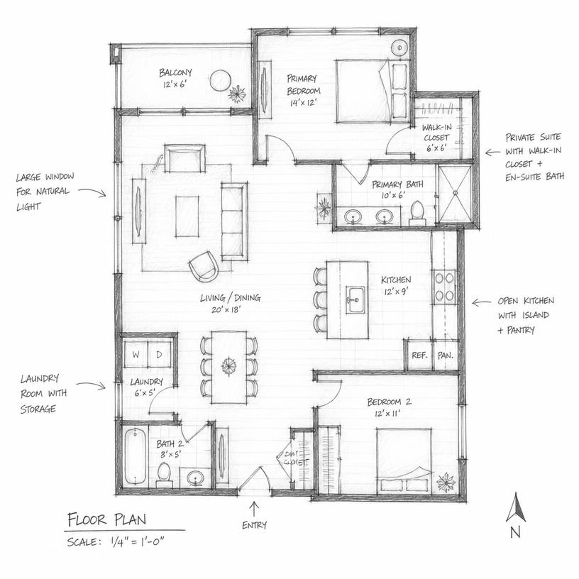 Hand-drawn architectural floor plan sketch with furniture layout and annotations