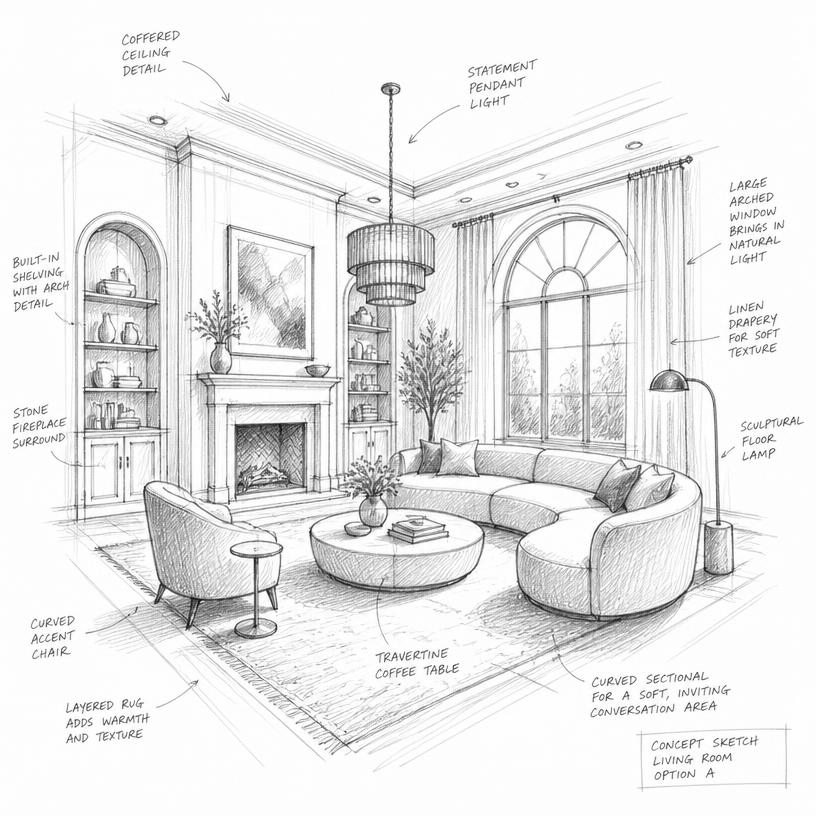 Hand-drawn perspective sketch of a living room with arched window and pendant light