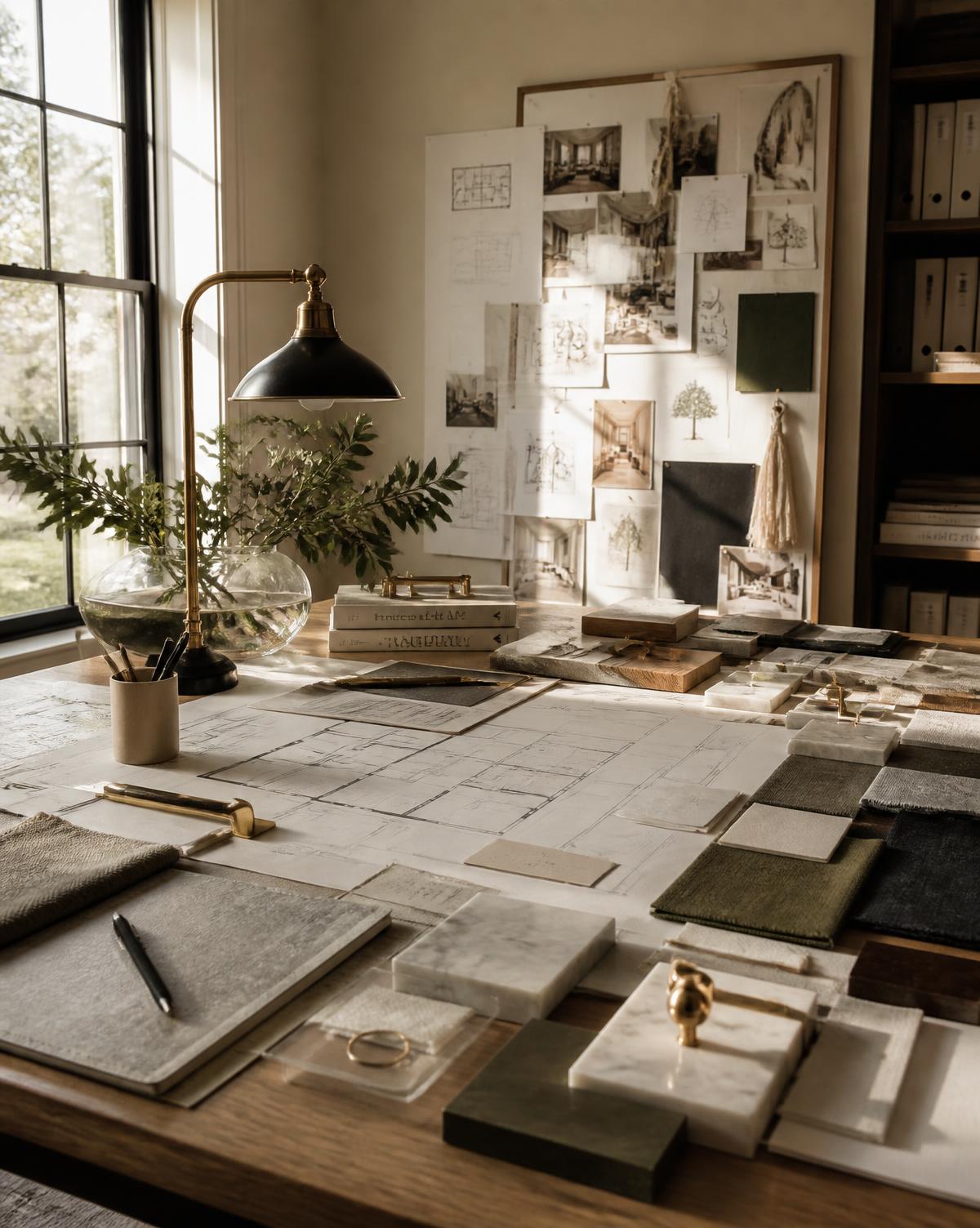 Interior design studio drafting table with floor plans, stone samples and fabric swatches